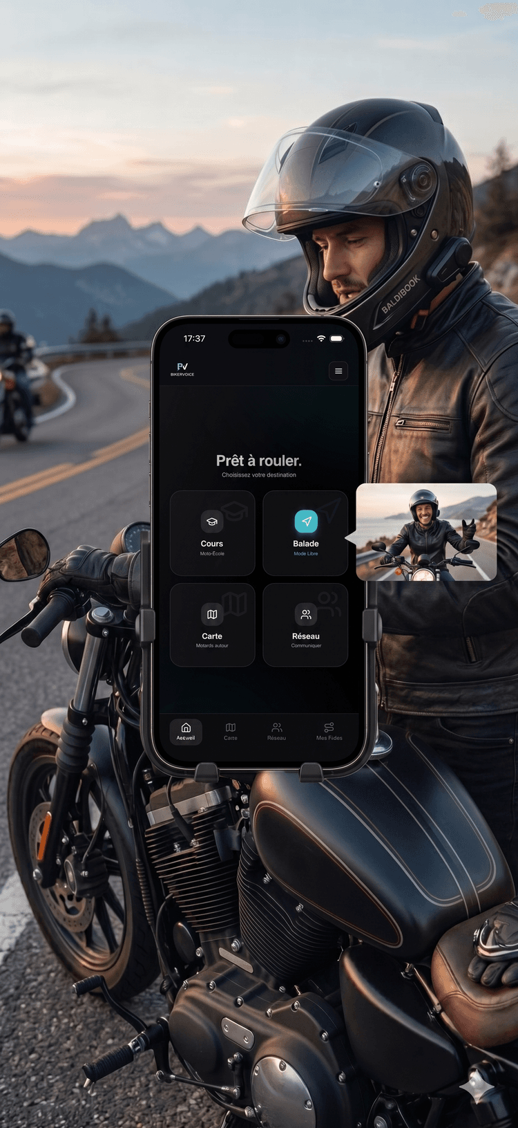 Écran de l'application Bikervoice : écran d'accueil avec Cours, Balade, Carte et Réseau.