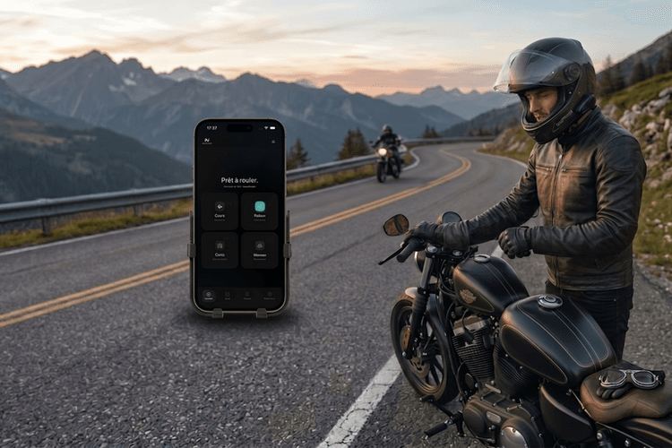 Application Bikervoice pour motards, avec un téléphone superposé à une route alpine au crépuscule.